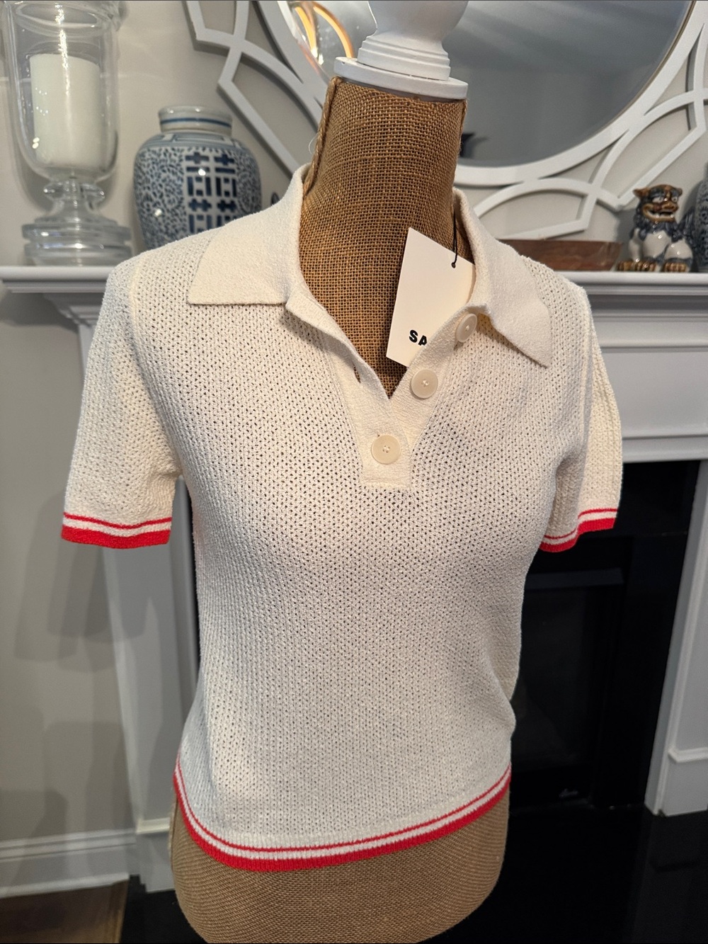 Sandro Cream Short-Sleeve Knit Polo with Red Trim NWT